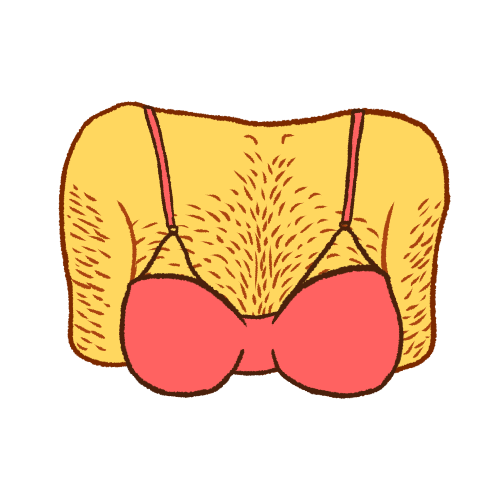 an emoji yellow chest with breasts, a pink bra, and brown arm and chest hair.